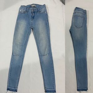 Ripped Knee with Raw Hem High Waisted Skinny Jeans